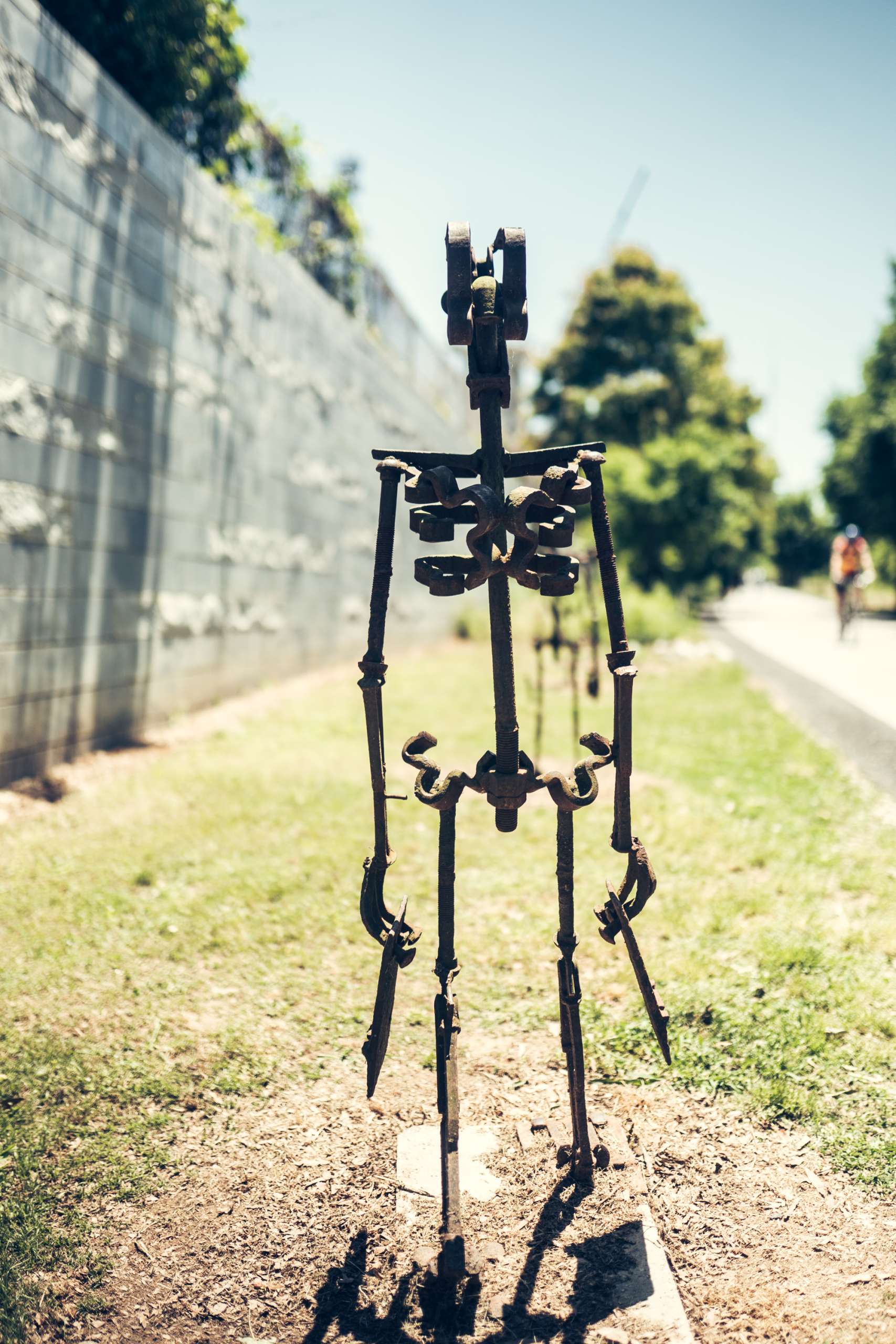 A metal skeleton sculpture.