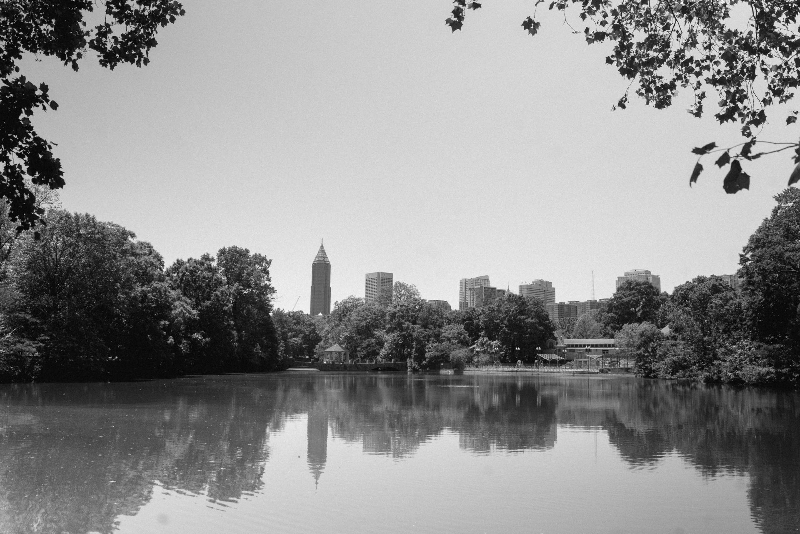 The Atlanta skyline in black and white.