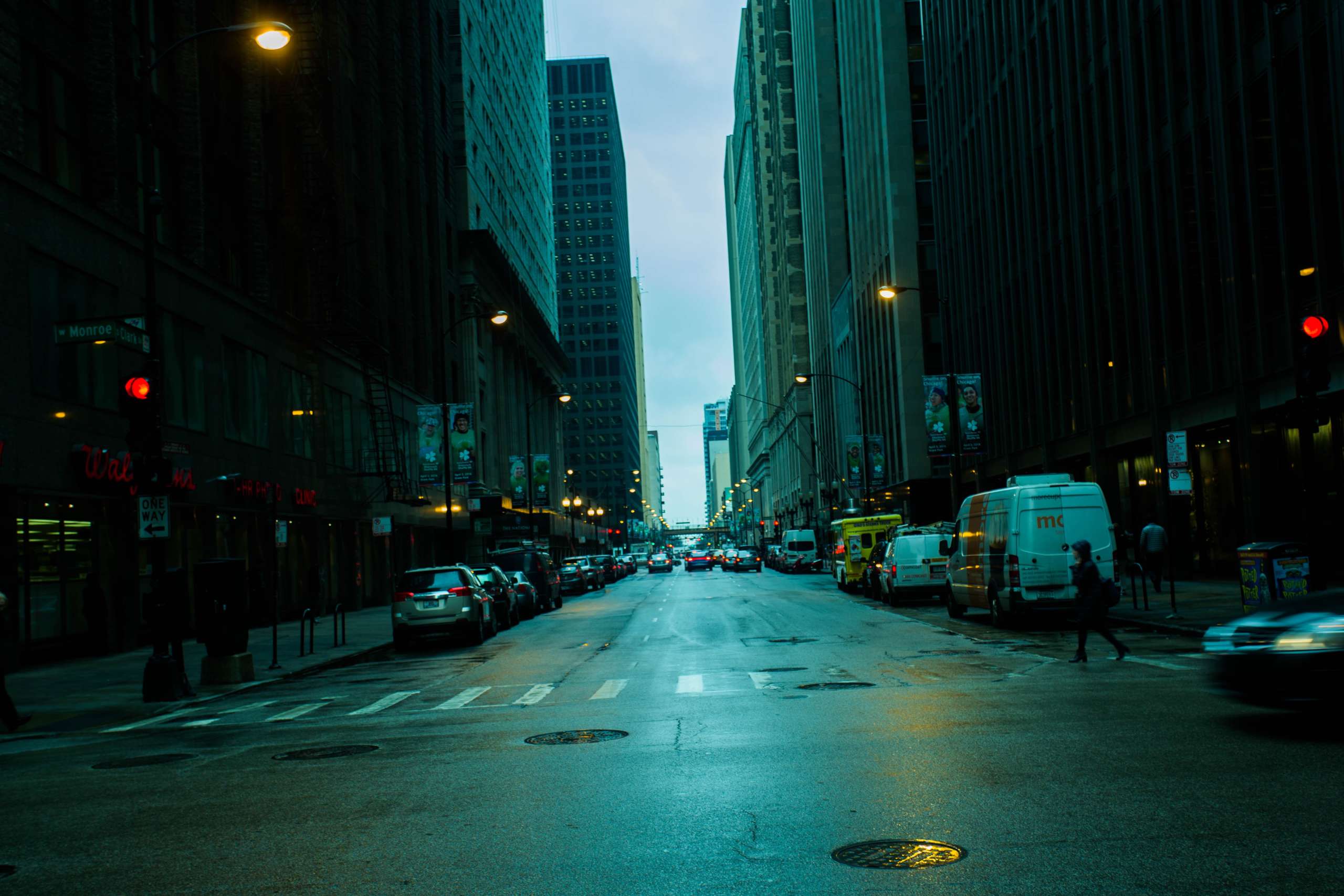Rainy street at dusk.